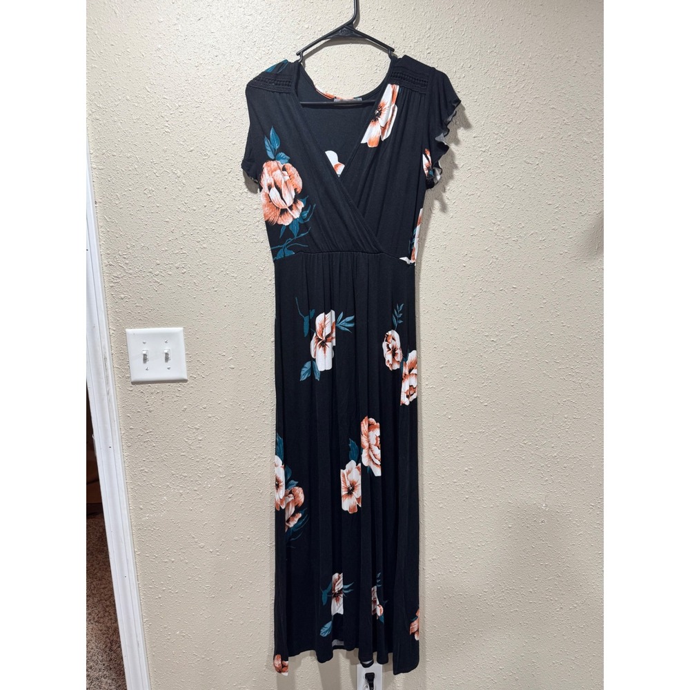 Loveappella Womens Black Floral V-Neck Maxi Dress Flutter Sleeve Empire Waist
